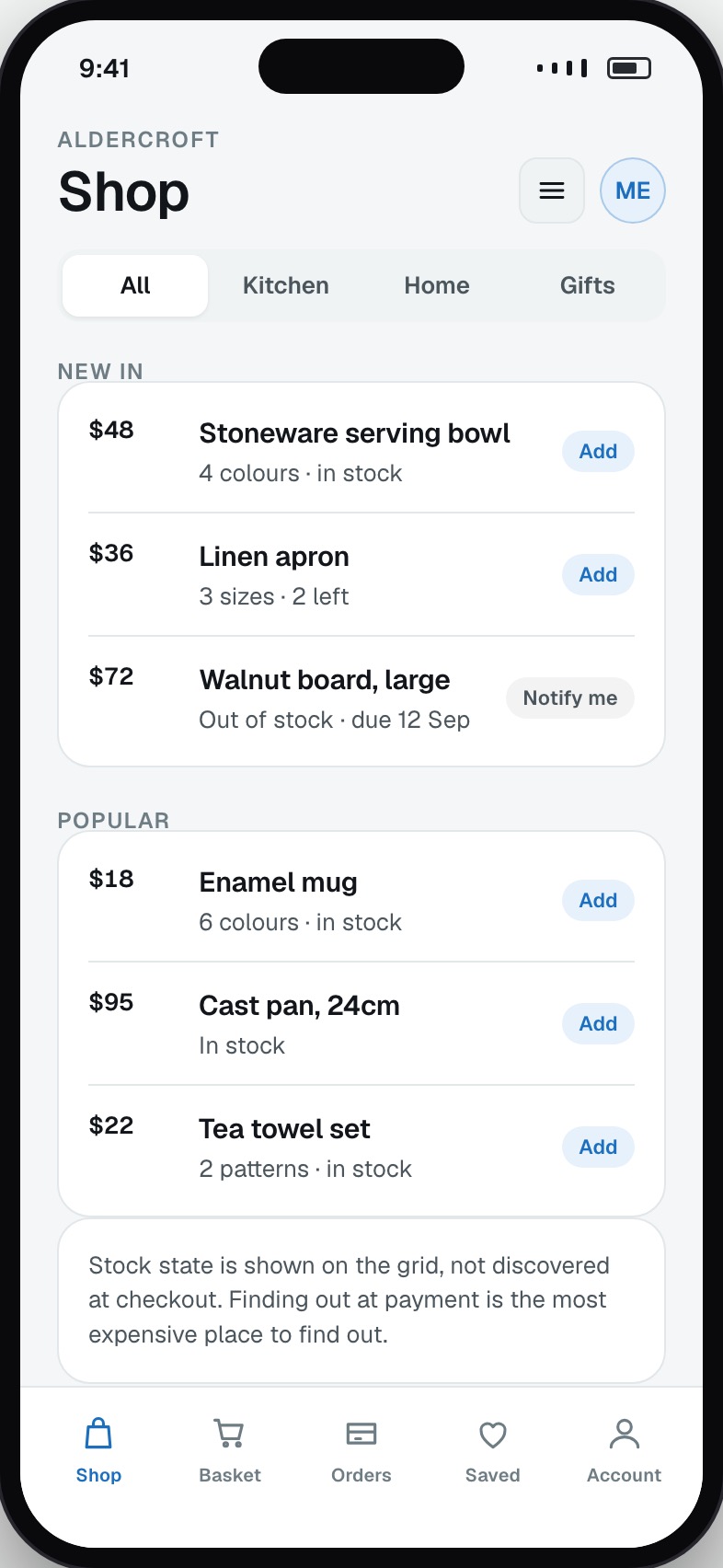 Shopping app product grid with prices, variants and stock state