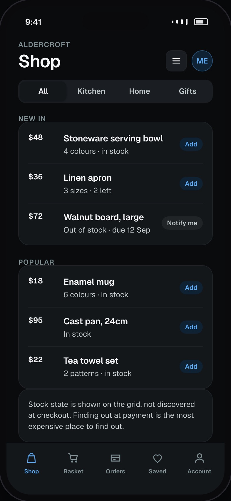Shopping app product grid with prices, variants and stock state