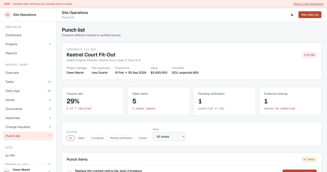 Closeout defects with severity, owner, evidence requirement and verified closure by a second person