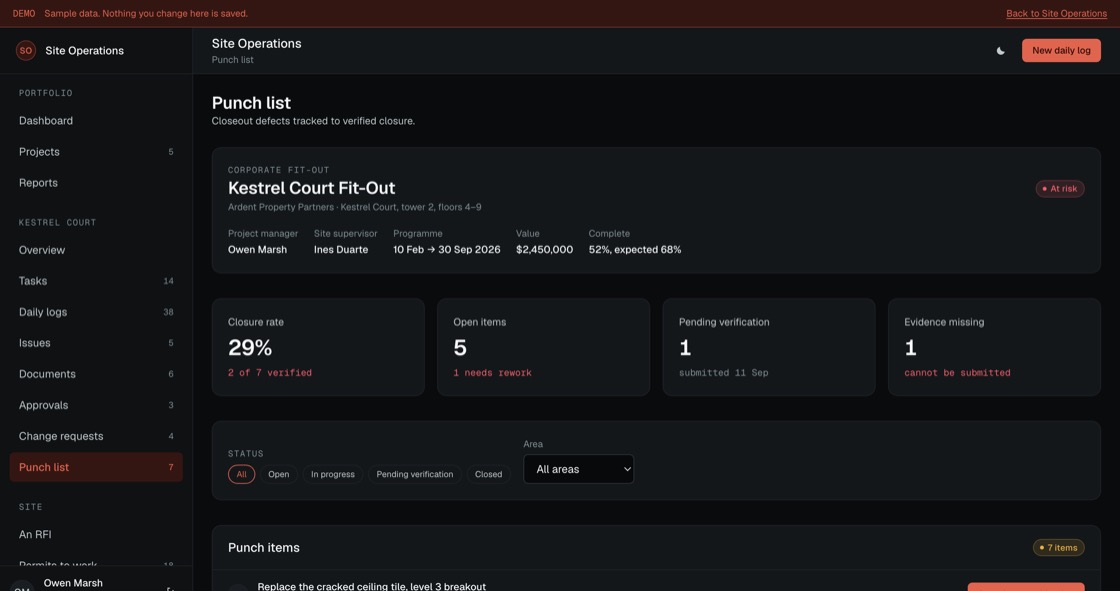 Closeout defects with severity, owner, evidence requirement and verified closure by a second person