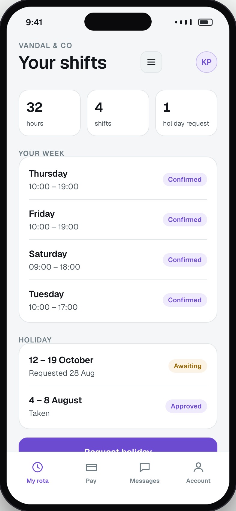 Stylist view of their own shifts and approved holiday