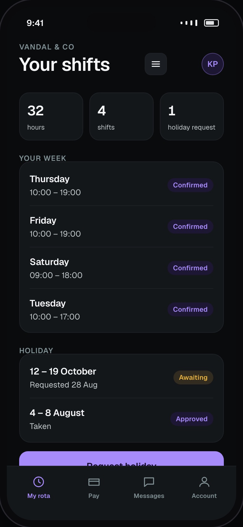 Stylist view of their own shifts and approved holiday