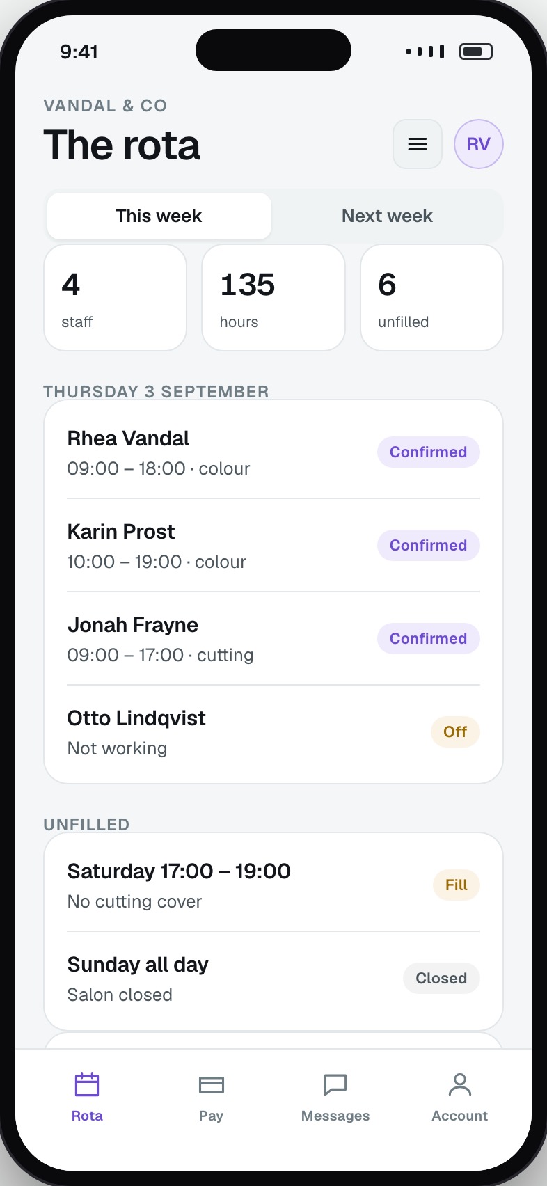 Weekly rota by stylist with shifts, cover and unfilled hours