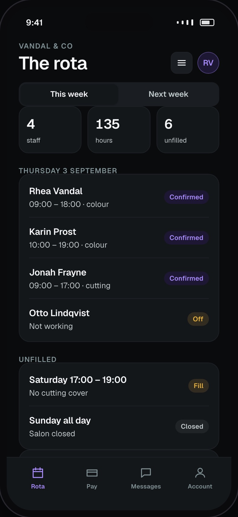 Weekly rota by stylist with shifts, cover and unfilled hours