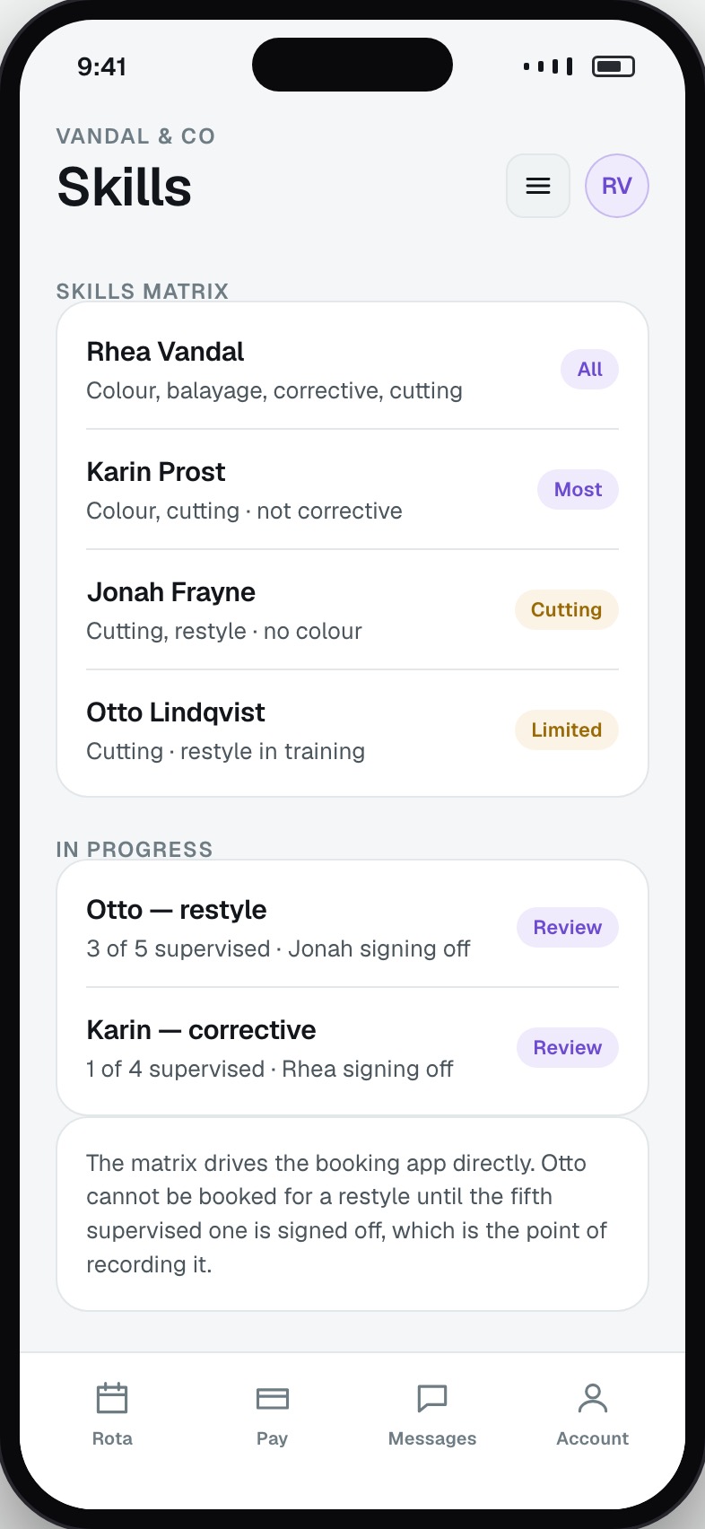 Skills matrix showing which stylist is signed off for which treatment