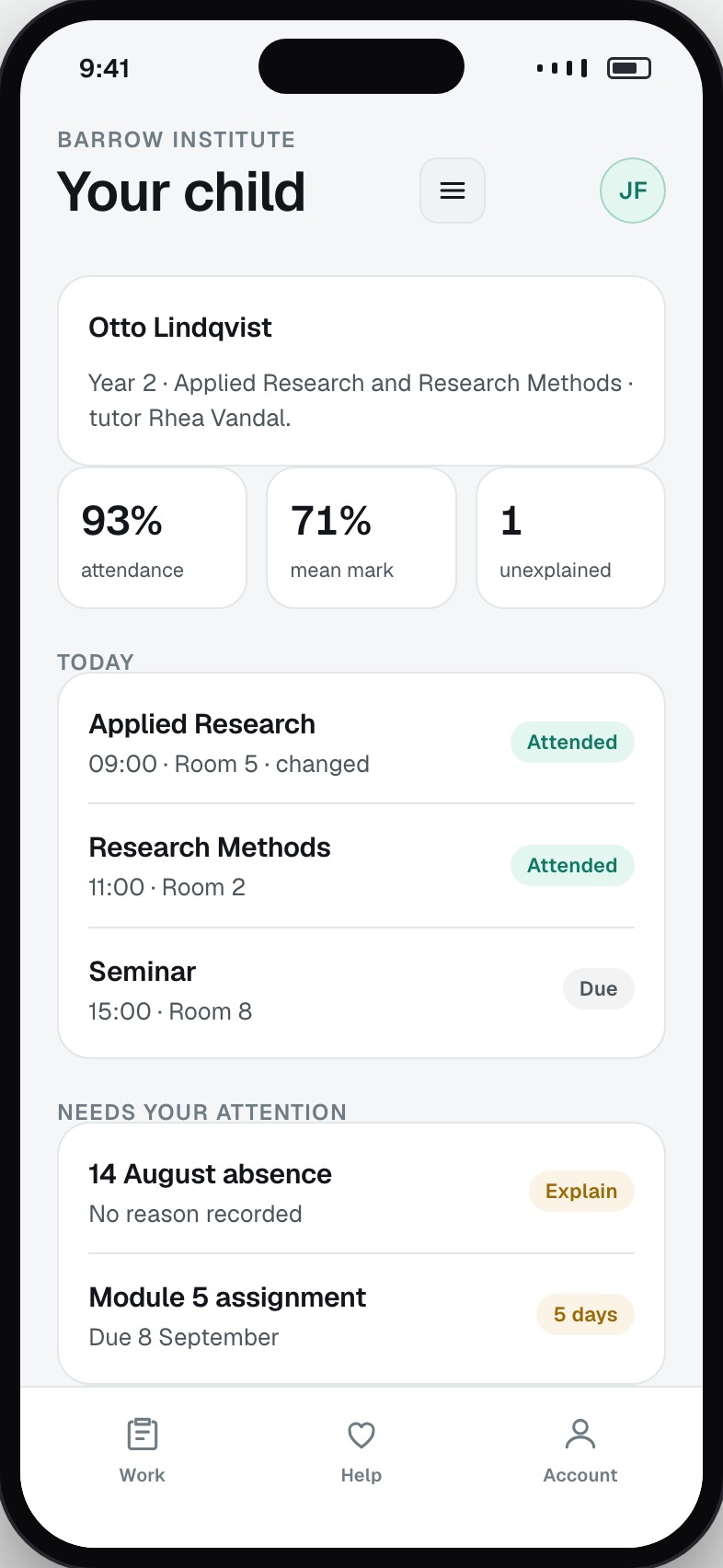 Parent view of a child’s timetable, results and attendance