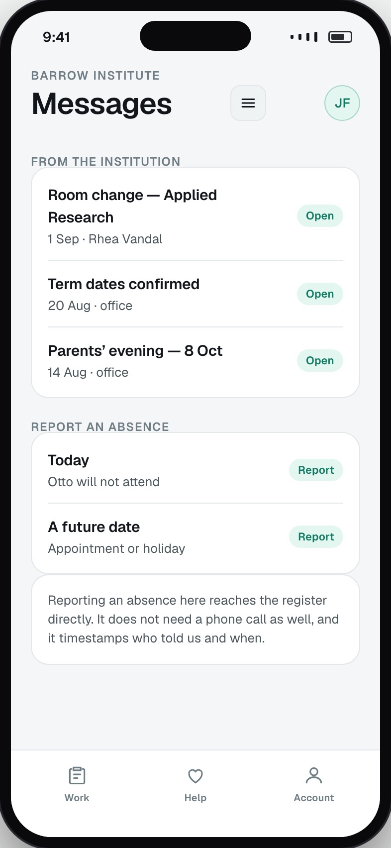 Messages from the institution to a parent with absence reporting