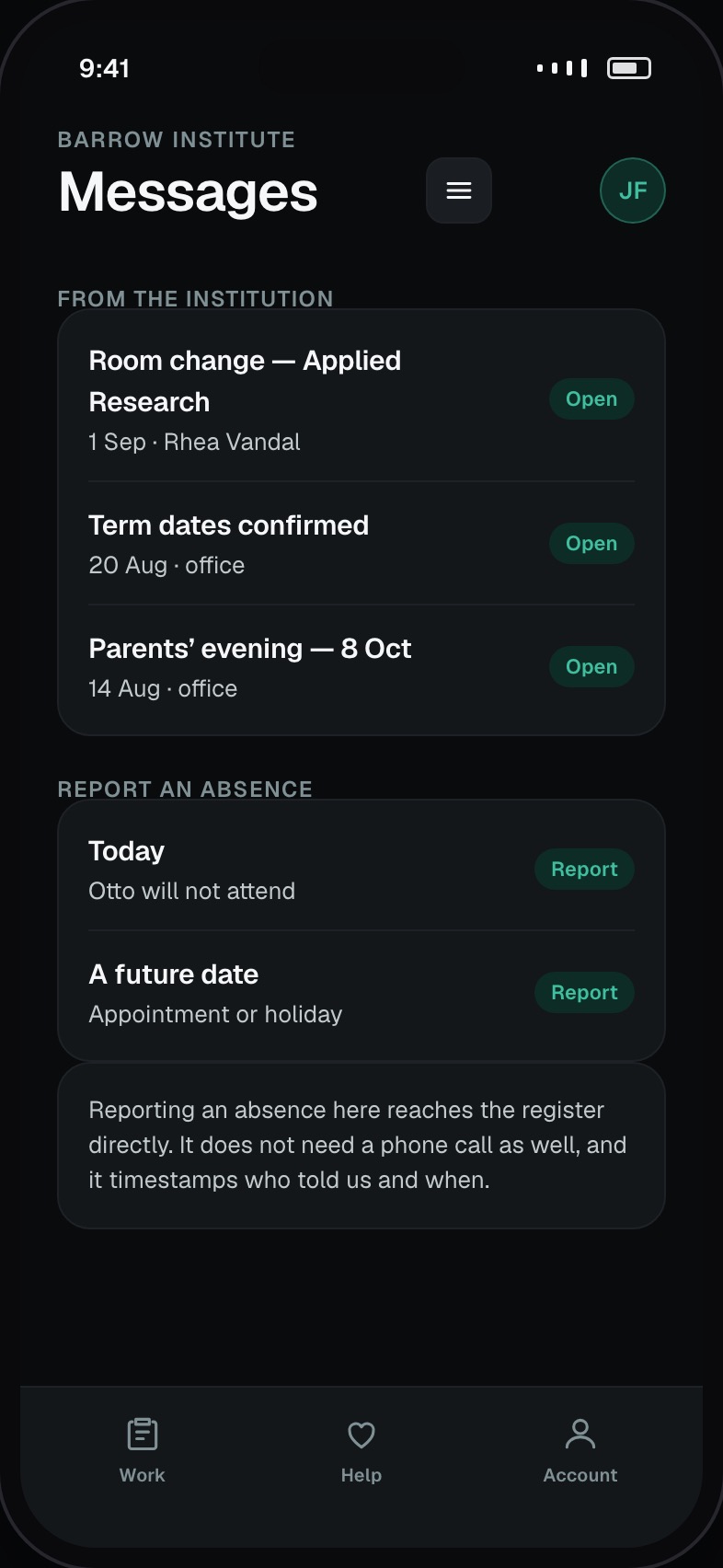 Messages from the institution to a parent with absence reporting