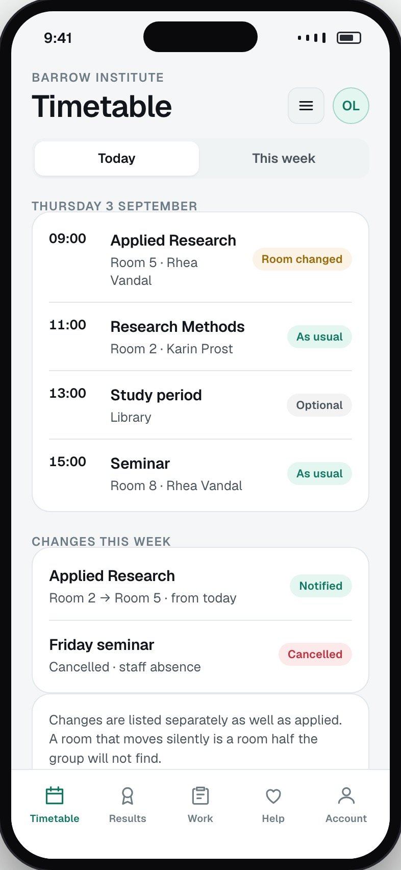 Student timetable for the week with room changes highlighted