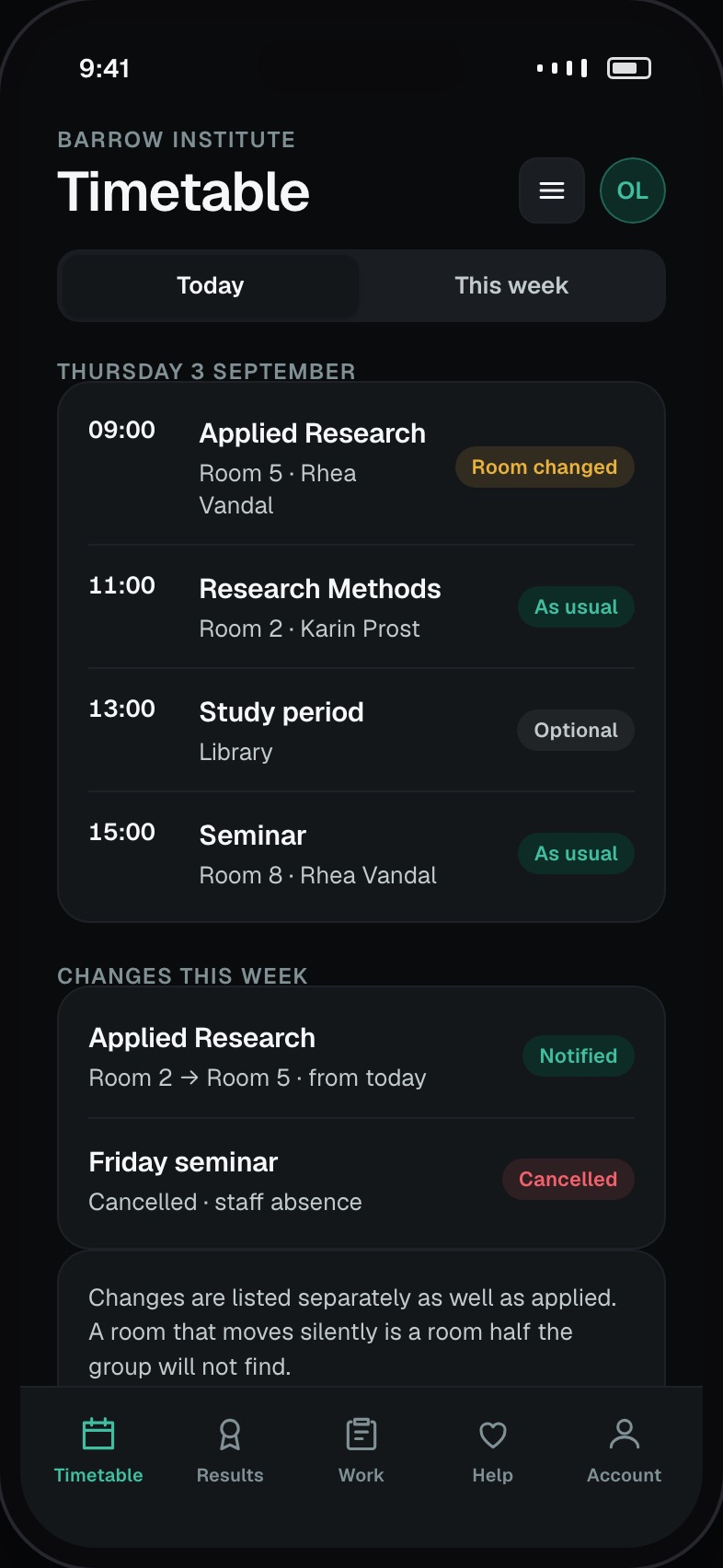 Student timetable for the week with room changes highlighted