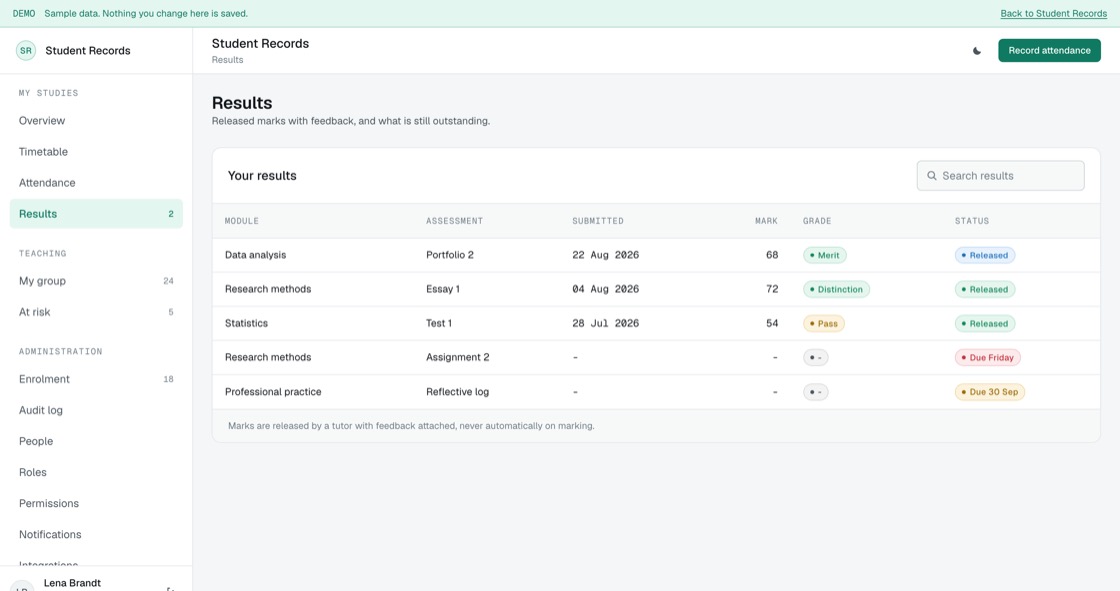 Released marks with grade and feedback status, alongside outstanding assessments
