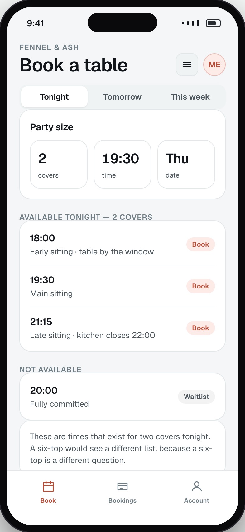 Table booking screen with party size, date and the times actually available