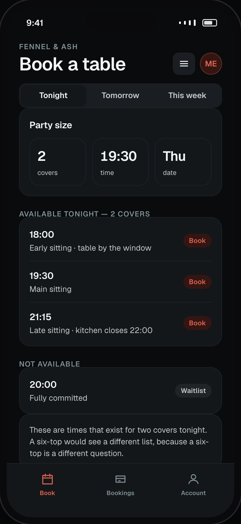 Table booking screen with party size, date and the times actually available