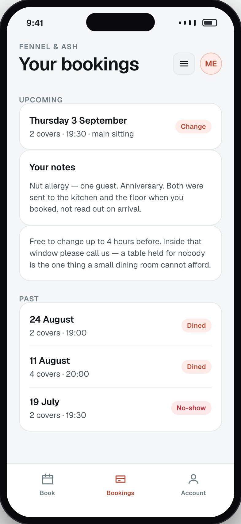 Guest bookings showing upcoming reservations, notes and cancellation window