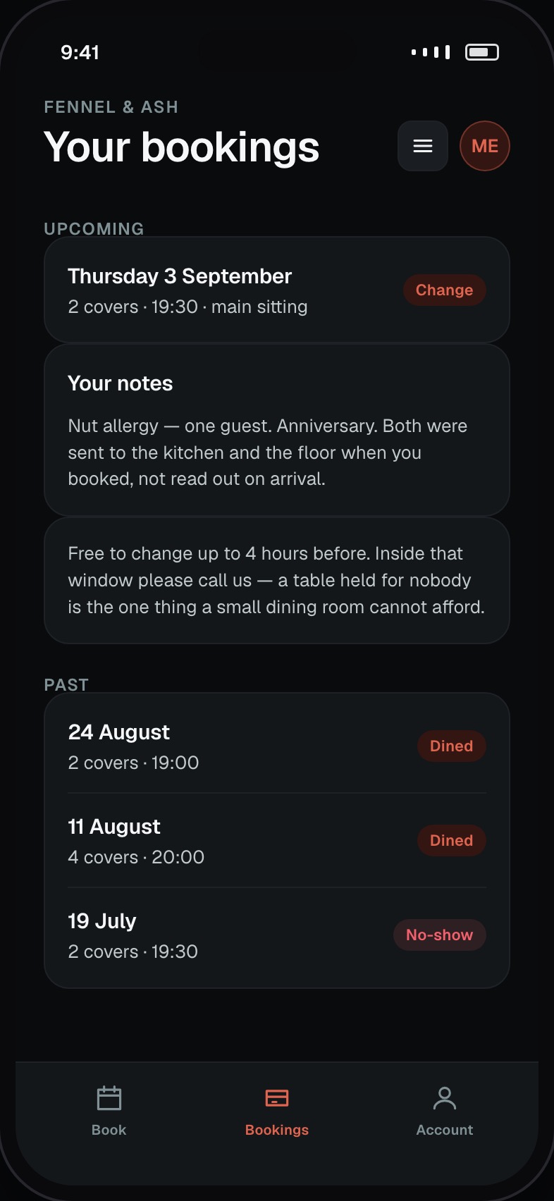 Guest bookings showing upcoming reservations, notes and cancellation window