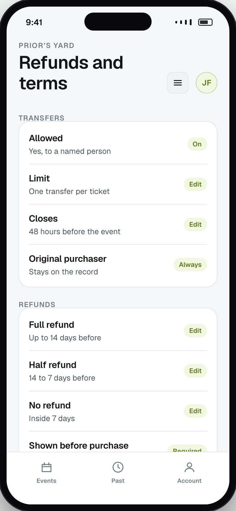 Transfer and refund policy settings with what each rule does