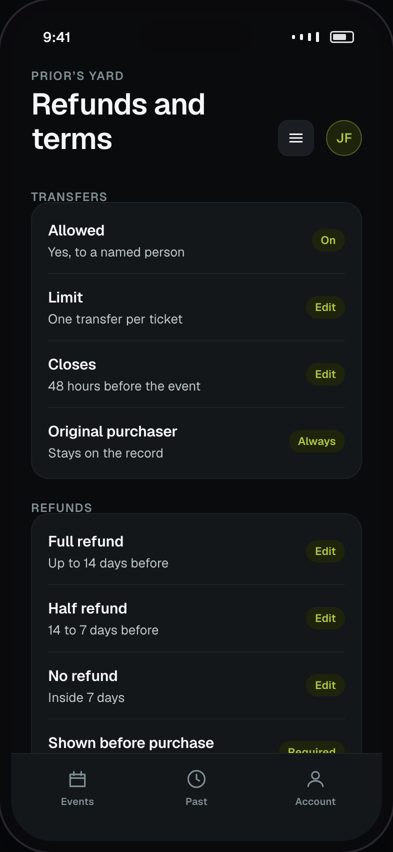 Transfer and refund policy settings with what each rule does