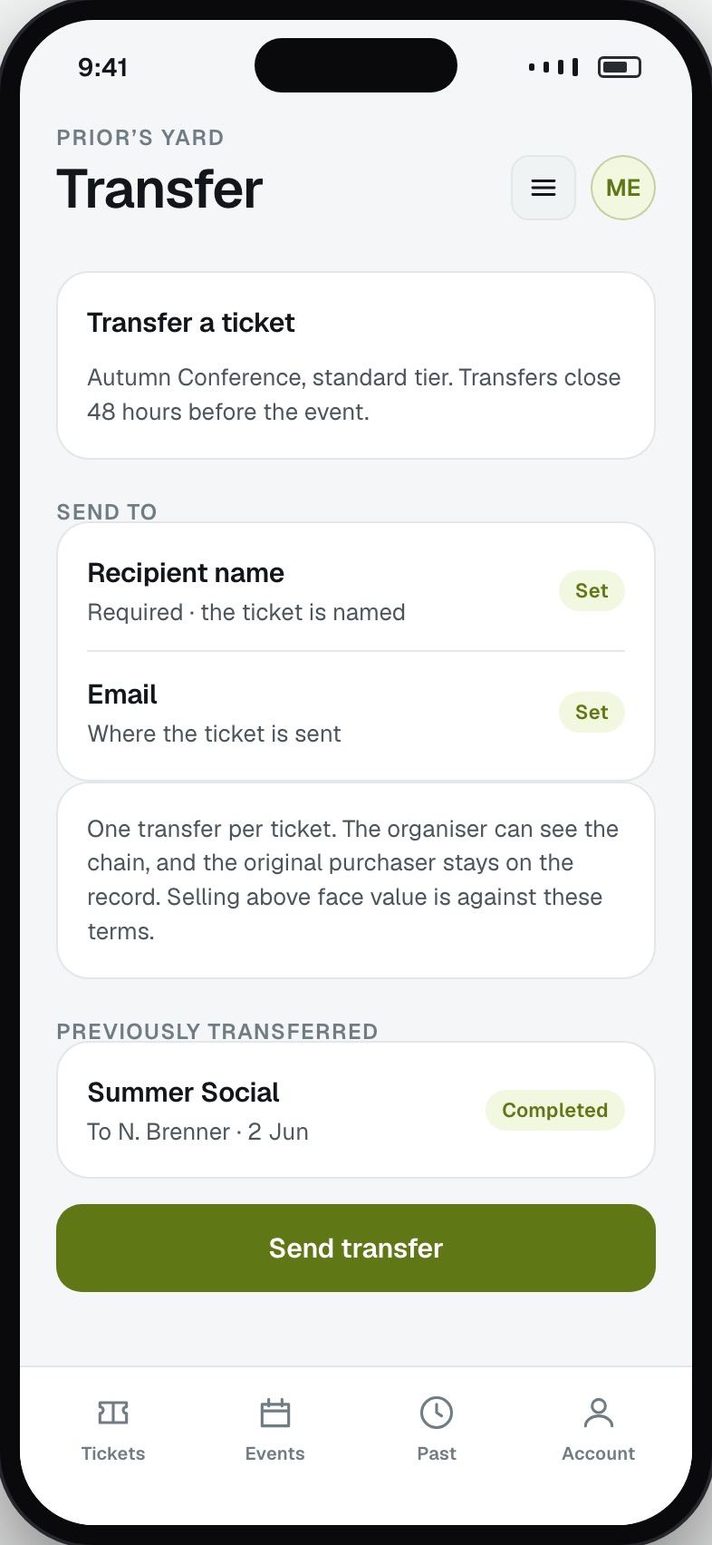 Ticket transfer to a named person with the rules applied