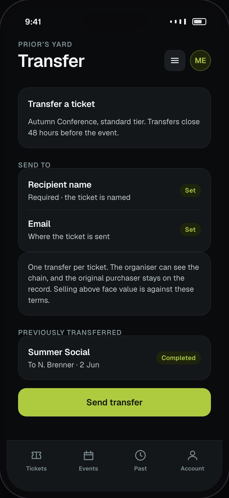 Ticket transfer to a named person with the rules applied