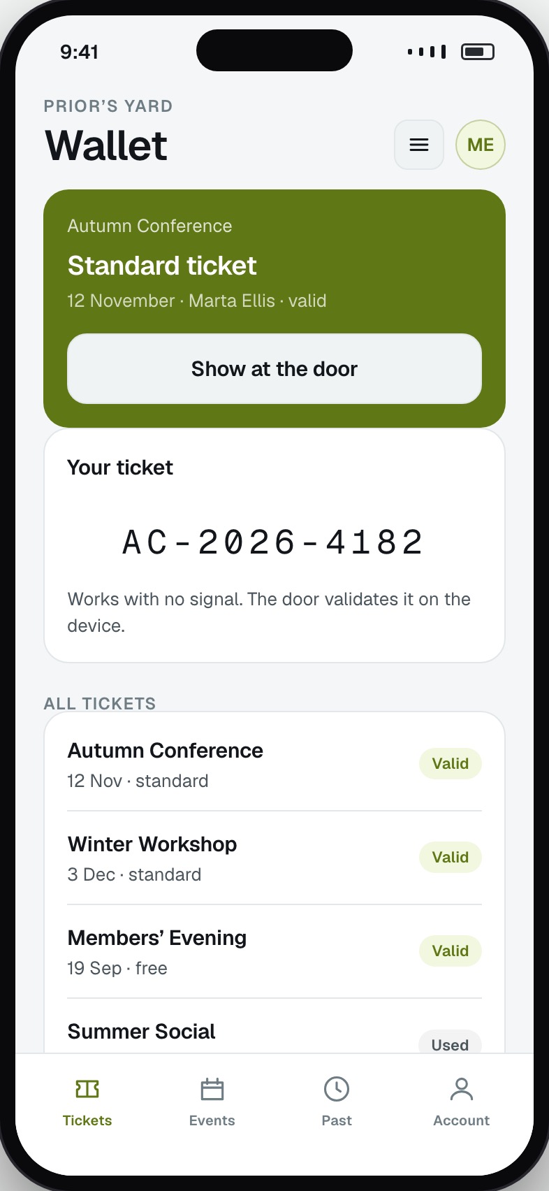 Attendee ticket wallet with tickets held offline and their status