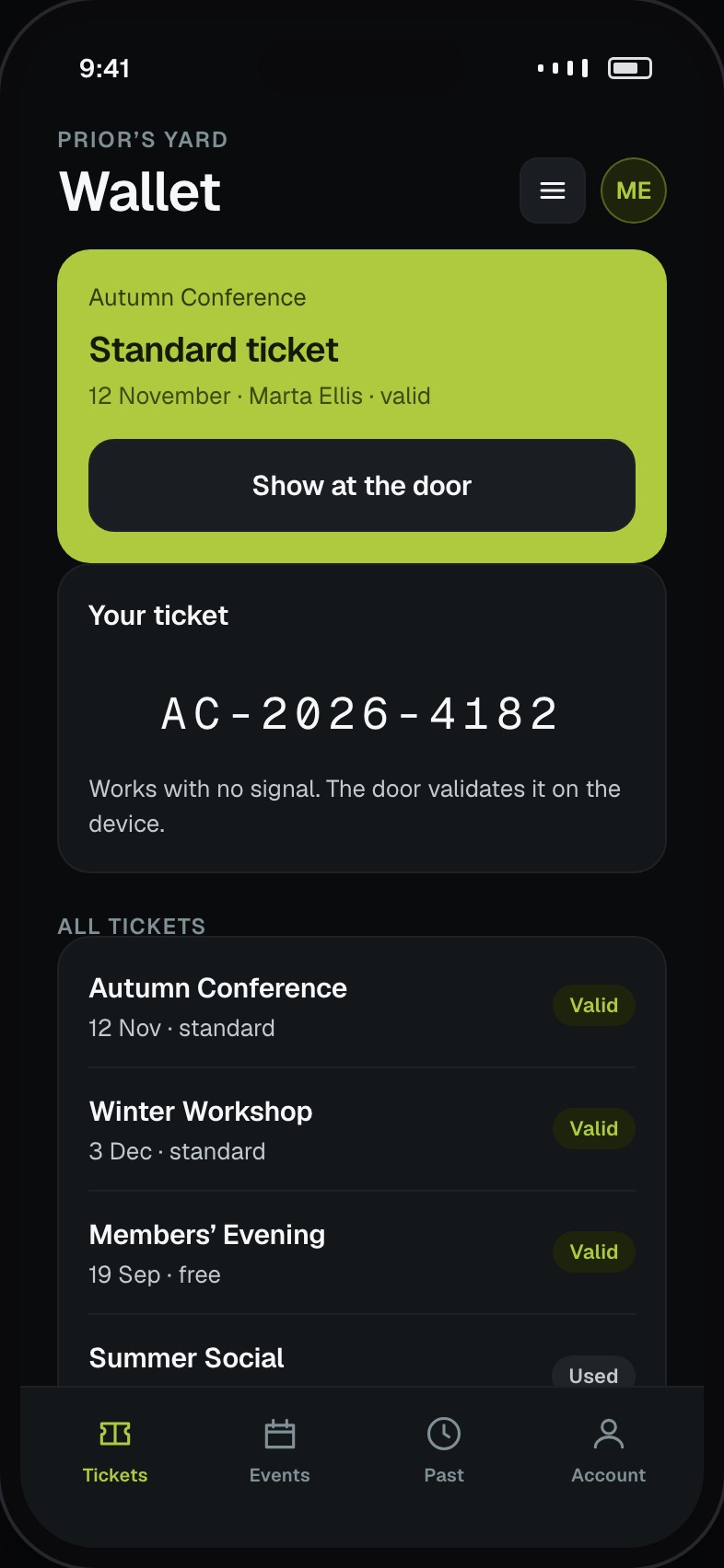 Attendee ticket wallet with tickets held offline and their status