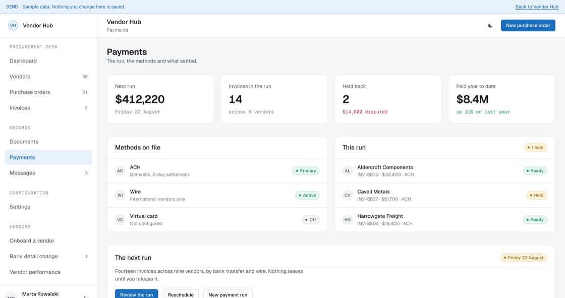 Payment run detail with methods on file, invoices in the run, held items and past run history