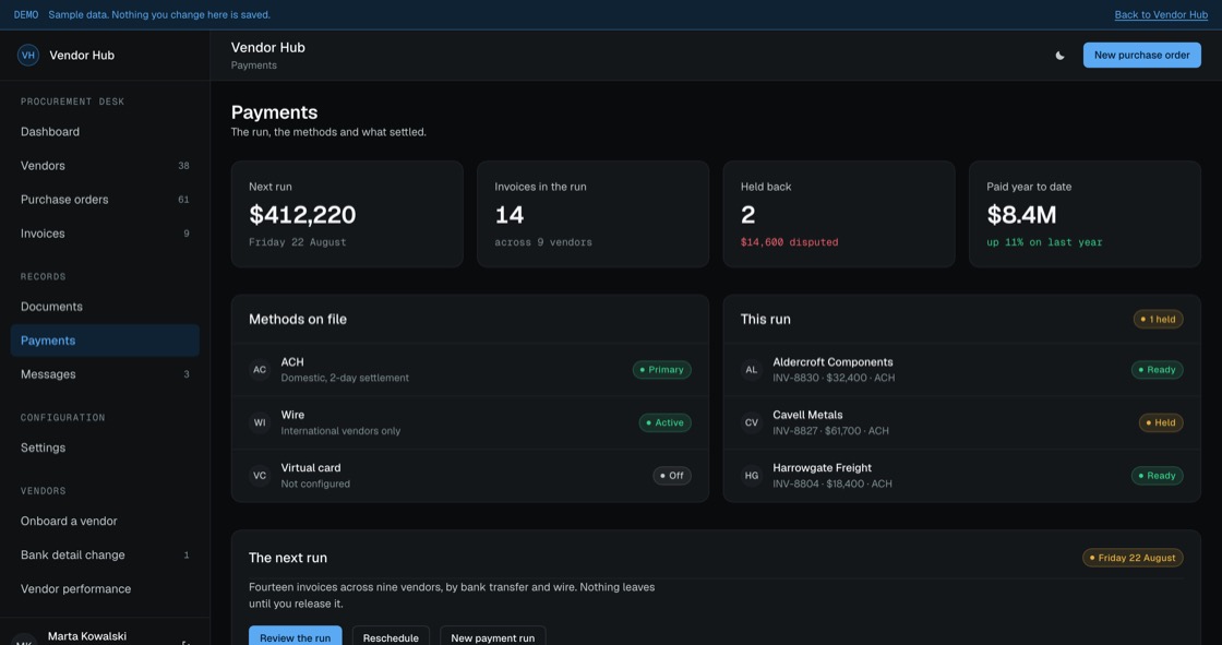 Payment run detail with methods on file, invoices in the run, held items and past run history