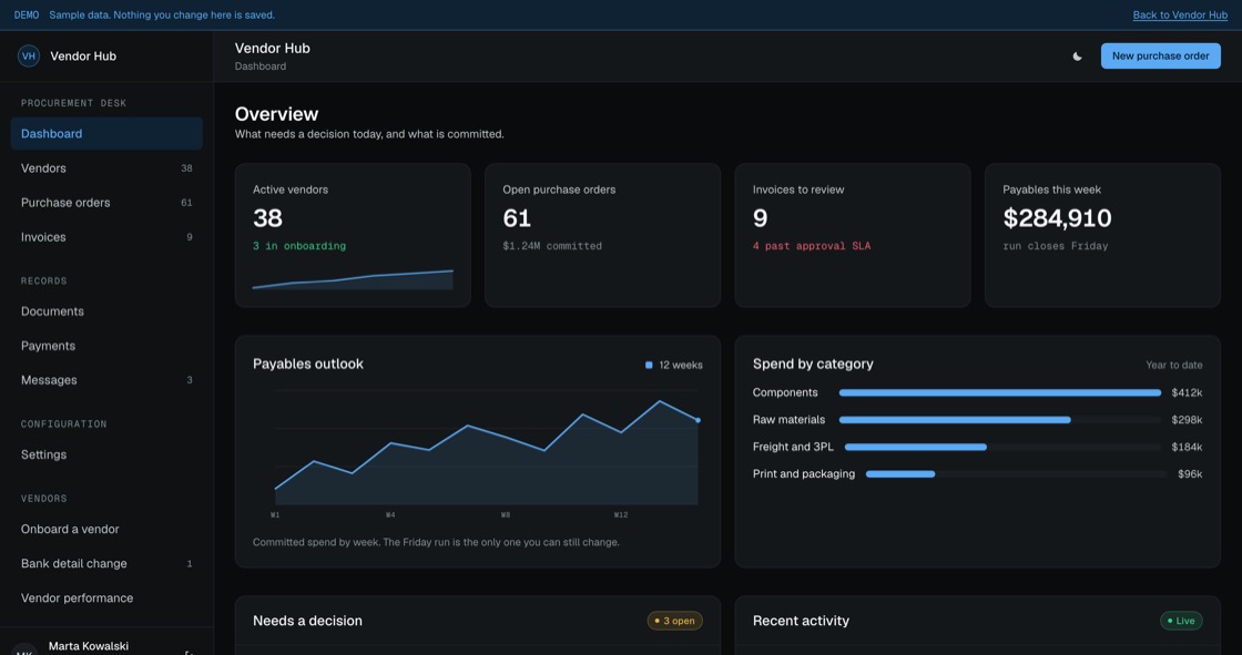 Procurement dashboard with active vendors, open orders, invoices to review, payables this week and a twelve-week outlook