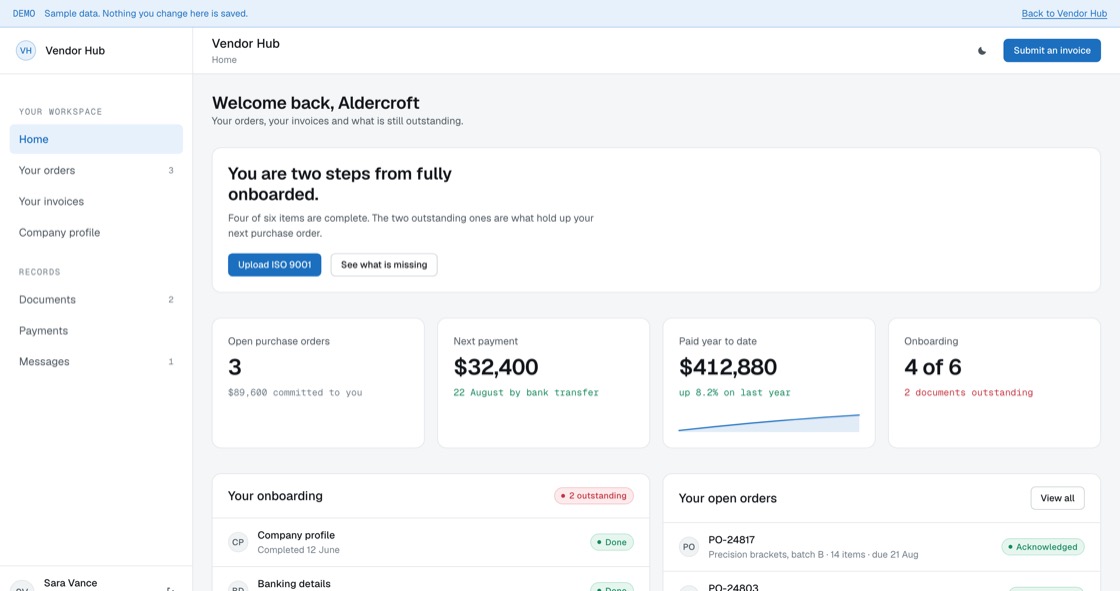 Vendor home showing onboarding progress, next payment, open orders and the documents still outstanding