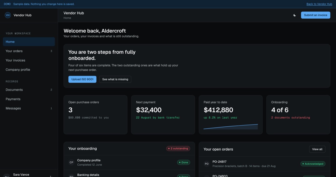 Vendor home showing onboarding progress, next payment, open orders and the documents still outstanding