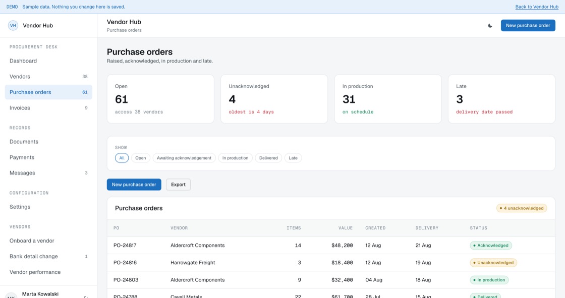 Purchase orders with item count, value, delivery date and whether the vendor has acknowledged