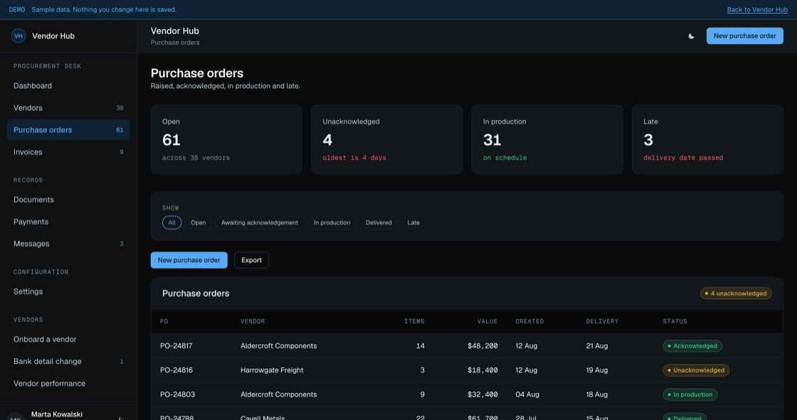Purchase orders with item count, value, delivery date and whether the vendor has acknowledged
