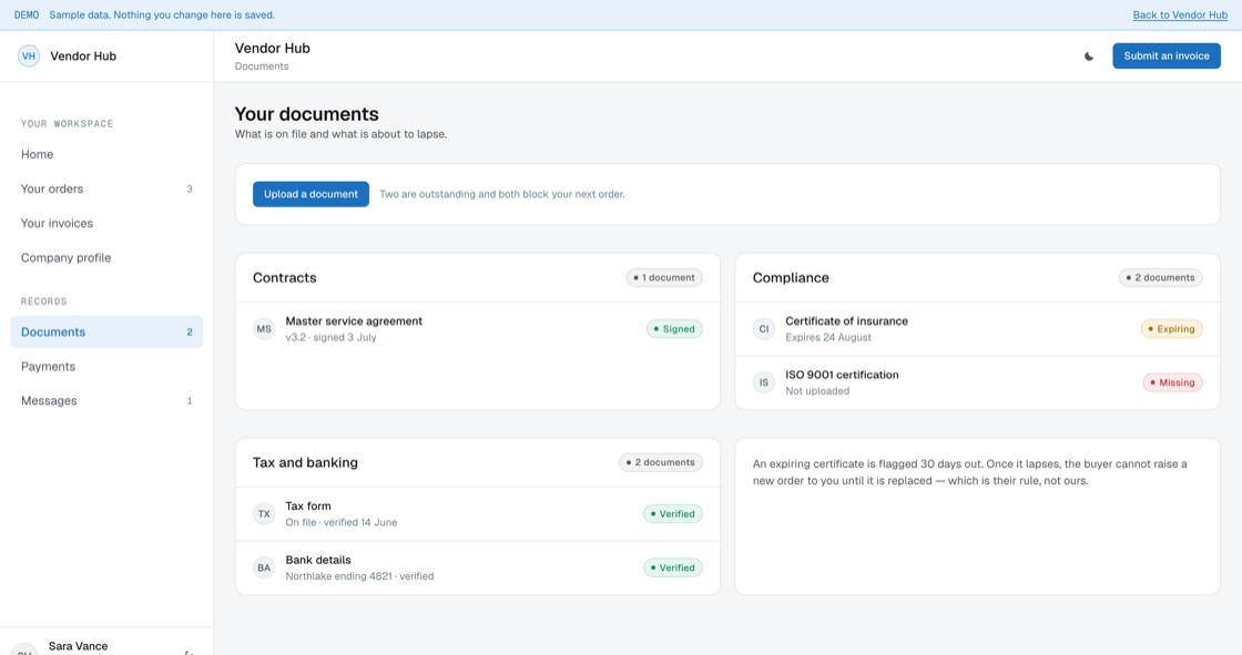Vendor document file with contracts, insurance, tax and certifications and their expiry state