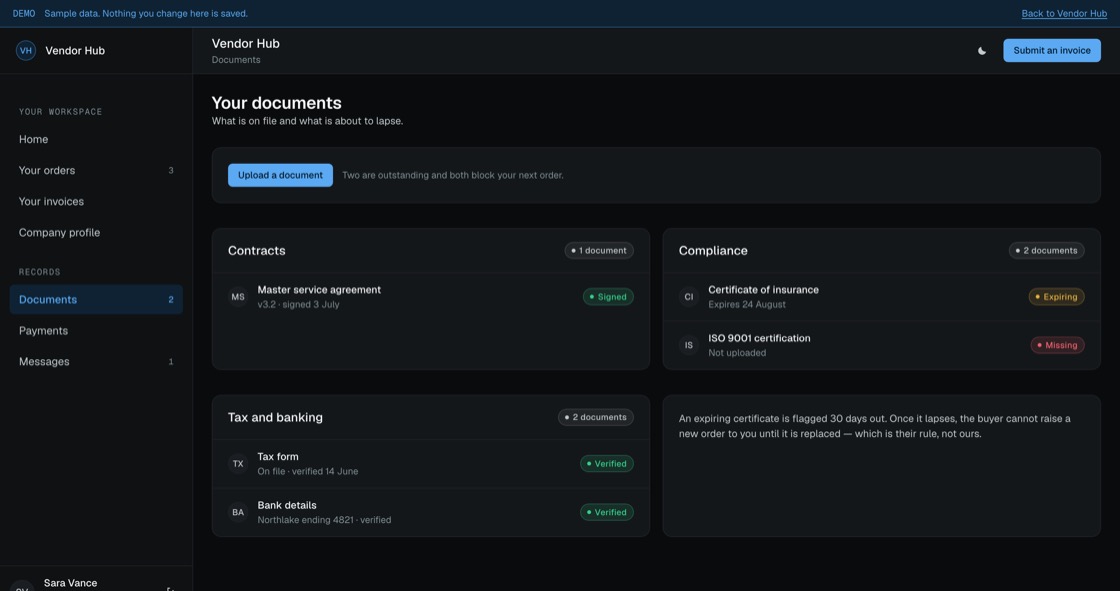 Vendor document file with contracts, insurance, tax and certifications and their expiry state