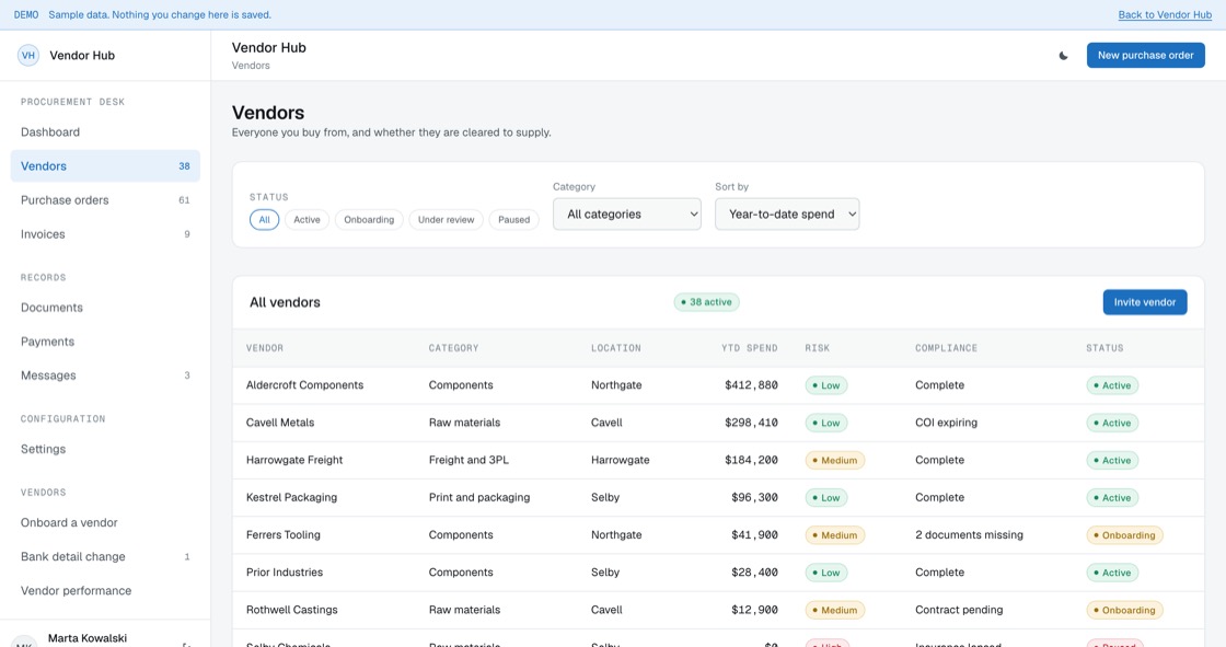Vendor list filtered by status and category showing year-to-date spend, risk rating and compliance state