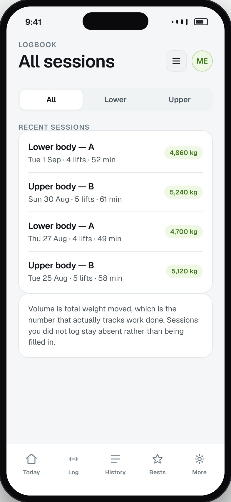 Session history listing past workouts with volume and duration