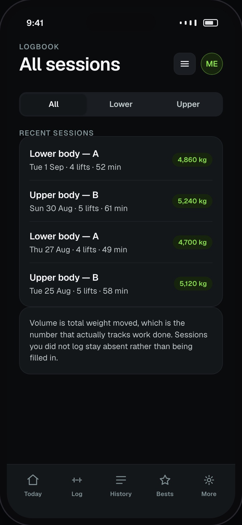 Session history listing past workouts with volume and duration