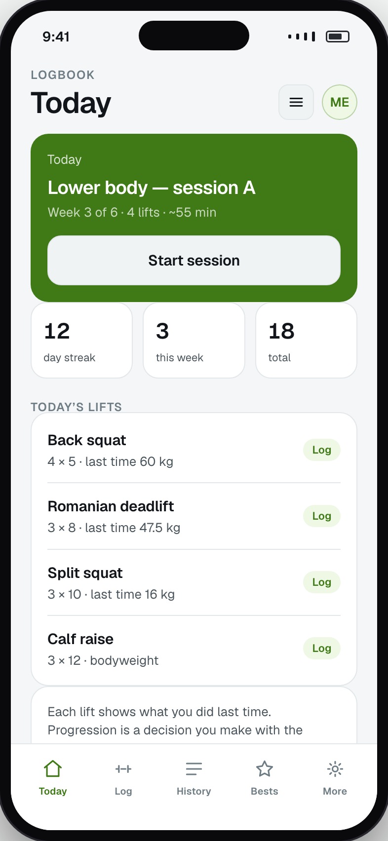Workout tracking home showing today’s session, current programme week and streak