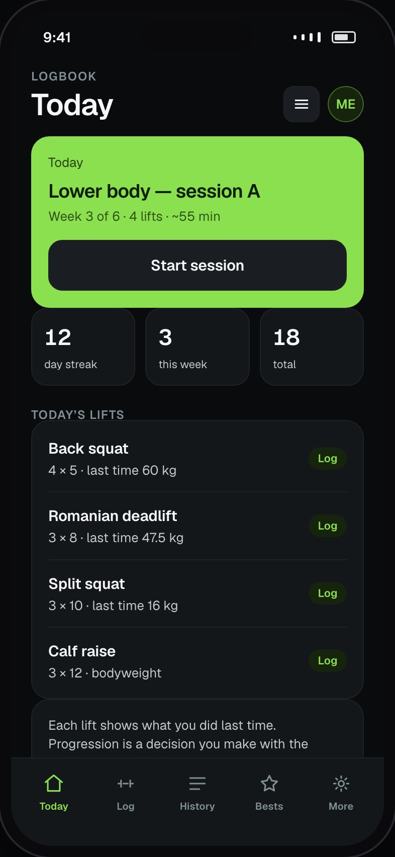 Workout tracking home showing today’s session, current programme week and streak